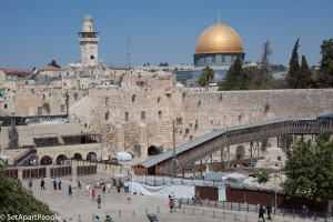 The Western wall complex with a view of the Temple Mount.